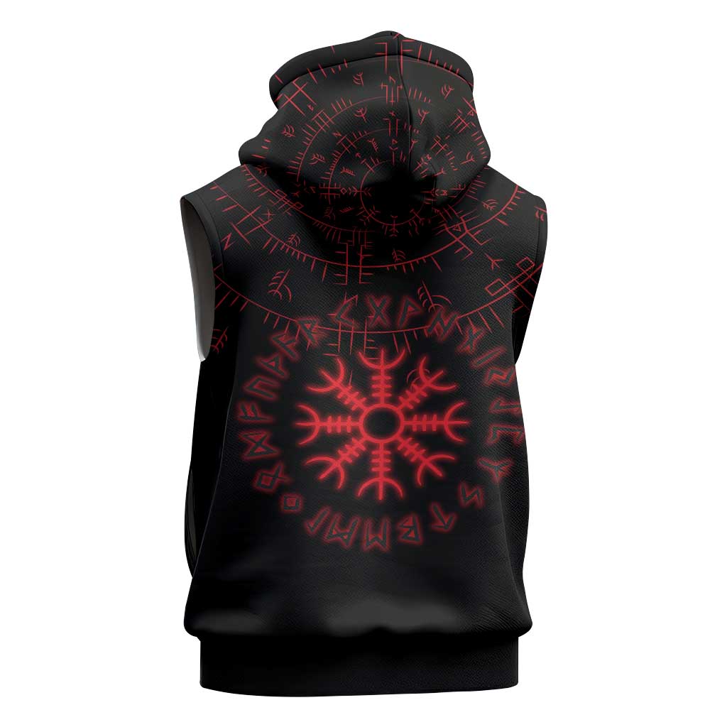 Viking Stag and Helm of Awe Symbol Sleeveless Zip Hoodie Glowing Norse Runic Tribal Illustration