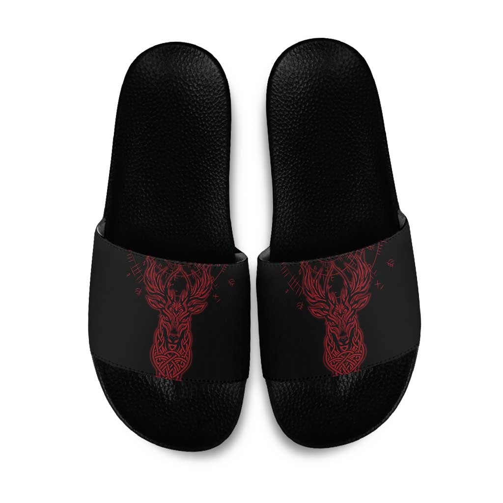 Viking Stag and Helm of Awe Symbol Slide Sandals Glowing Norse Runic Tribal Illustration