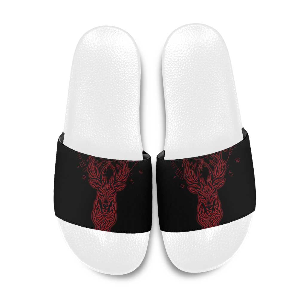 Viking Stag and Helm of Awe Symbol Slide Sandals Glowing Norse Runic Tribal Illustration