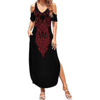 Viking Stag and Helm of Awe Symbol Summer Maxi Dress Glowing Norse Runic Tribal Illustration
