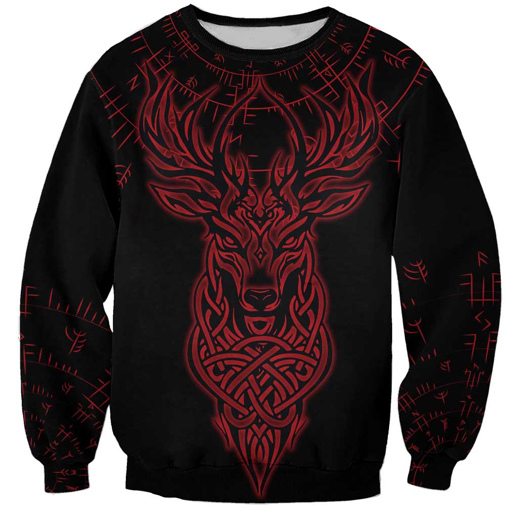 Viking Stag and Helm of Awe Symbol Sweatshirt Glowing Norse Runic Tribal Illustration