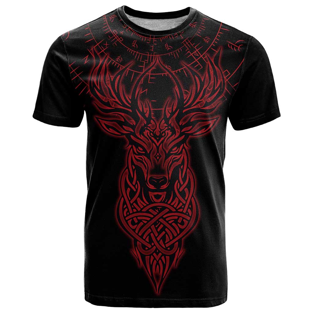 Viking Stag and Helm of Awe Symbol T Shirt Glowing Norse Runic Tribal Illustration