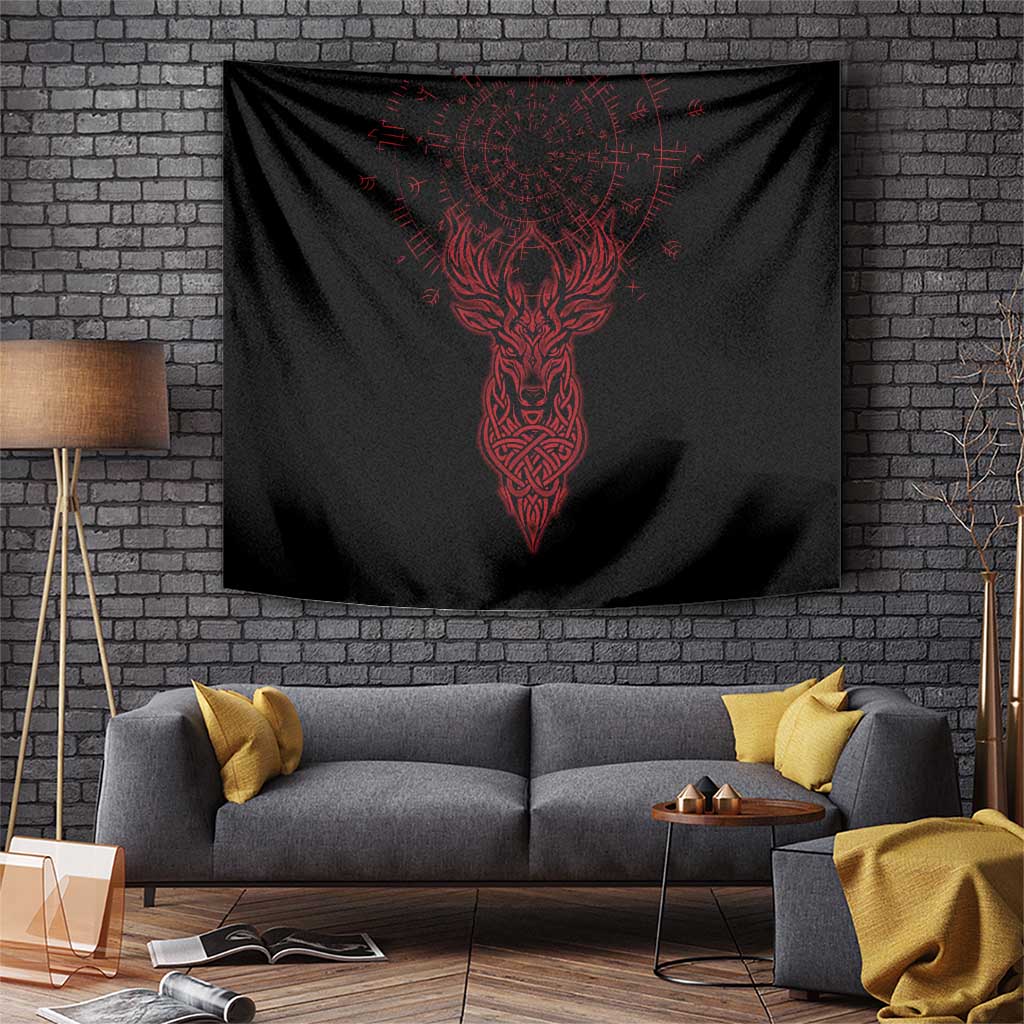 Viking Stag and Helm of Awe Symbol Tapestry Glowing Norse Runic Tribal Illustration