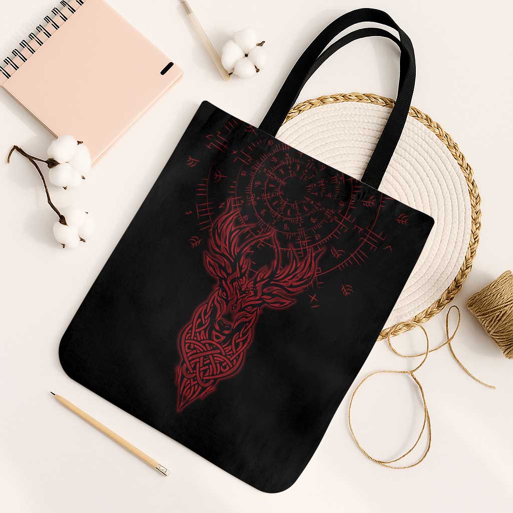 Viking Stag and Helm of Awe Symbol Tote Bag Glowing Norse Runic Tribal Illustration