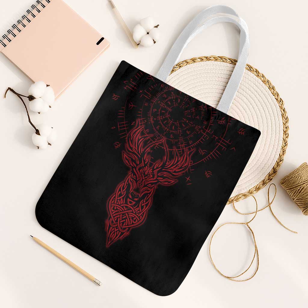 Viking Stag and Helm of Awe Symbol Tote Bag Glowing Norse Runic Tribal Illustration