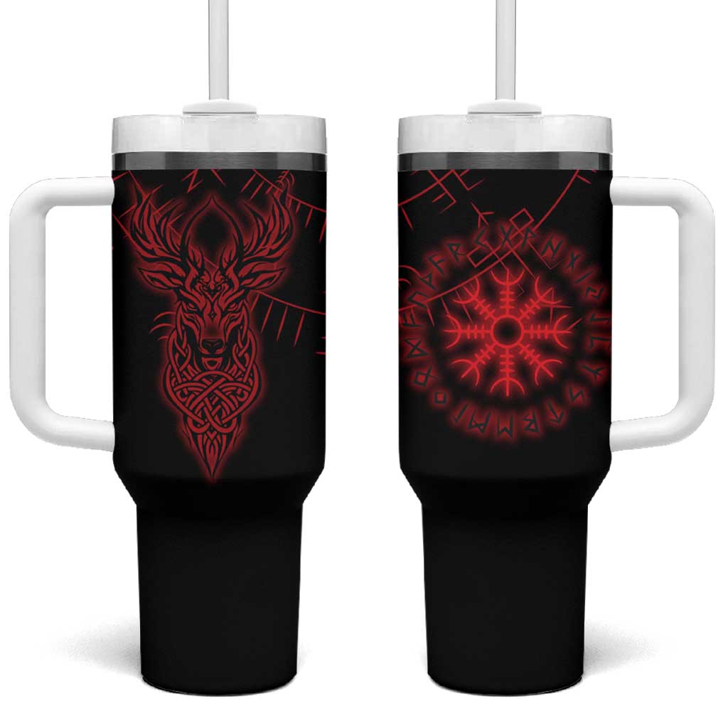 Viking Stag and Helm of Awe Symbol Tumbler With Handle Glowing Norse Runic Tribal Illustration