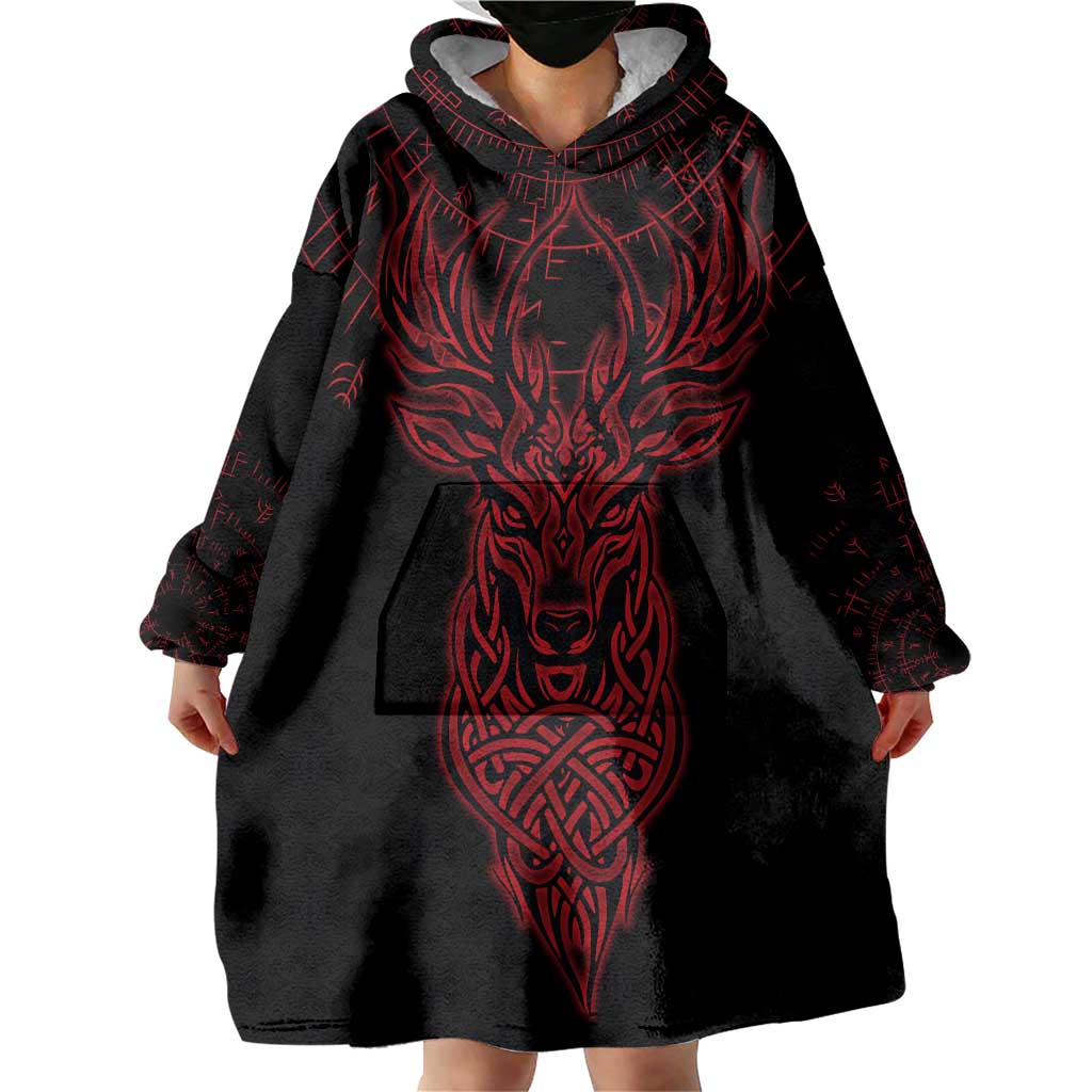 Viking Stag and Helm of Awe Symbol Wearable Blanket Hoodie Glowing Norse Runic Tribal Illustration