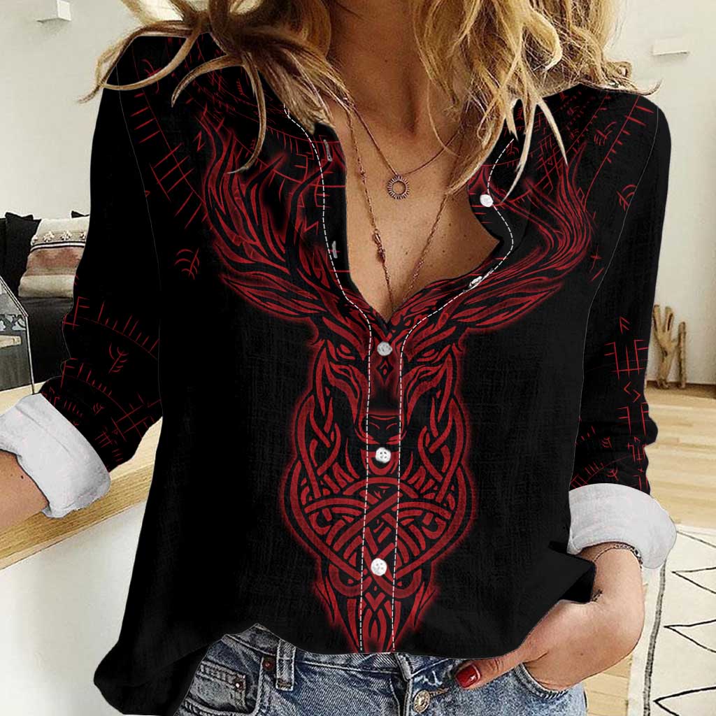 Viking Stag and Helm of Awe Symbol Women Casual Shirt Glowing Norse Runic Tribal Illustration