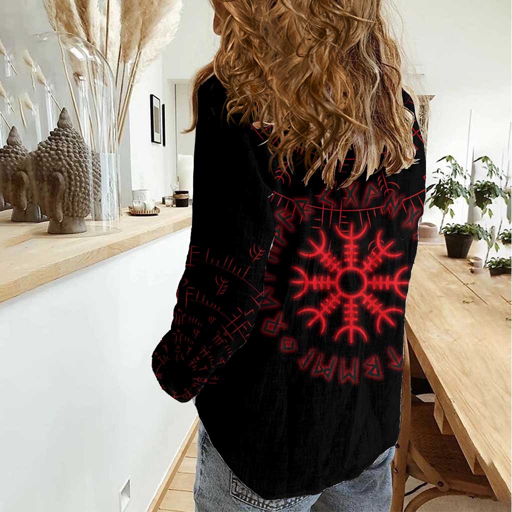 Viking Stag and Helm of Awe Symbol Women Casual Shirt Glowing Norse Runic Tribal Illustration
