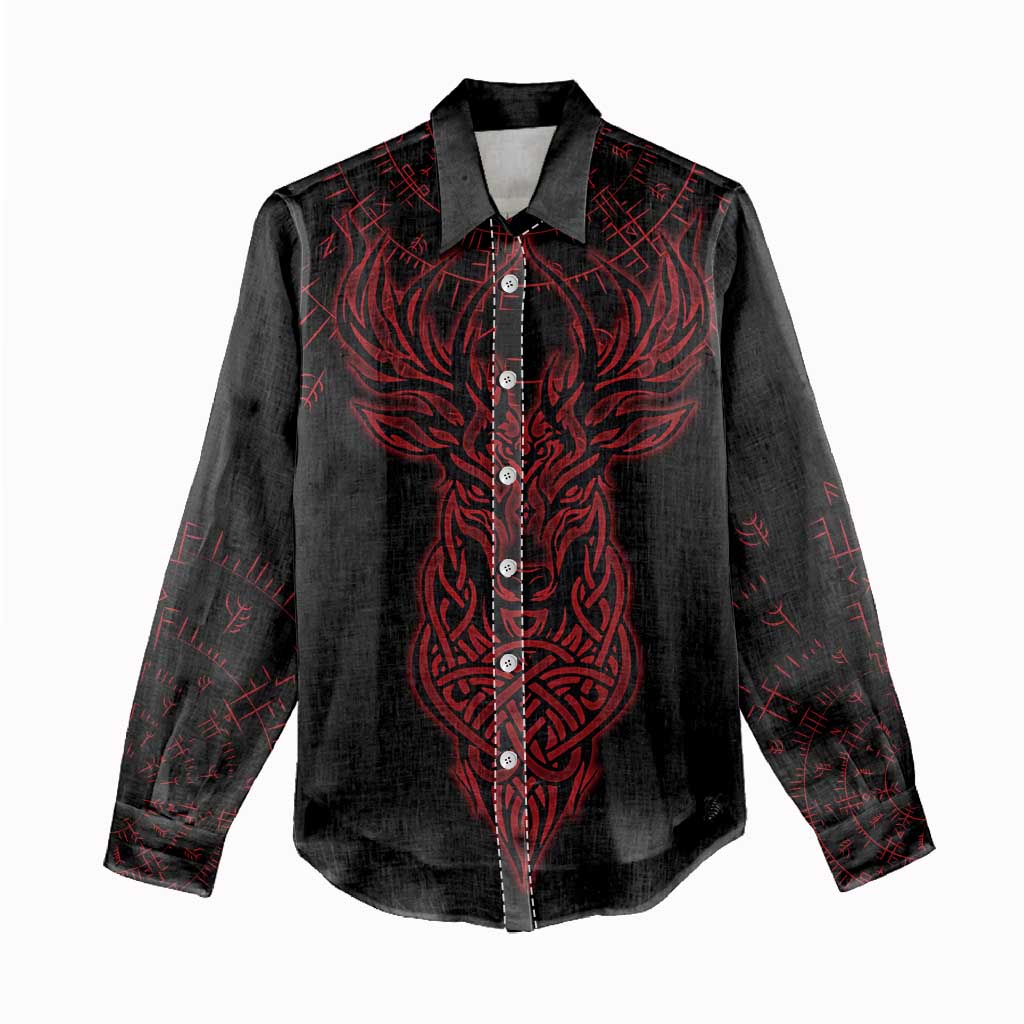 Viking Stag and Helm of Awe Symbol Women Casual Shirt Glowing Norse Runic Tribal Illustration