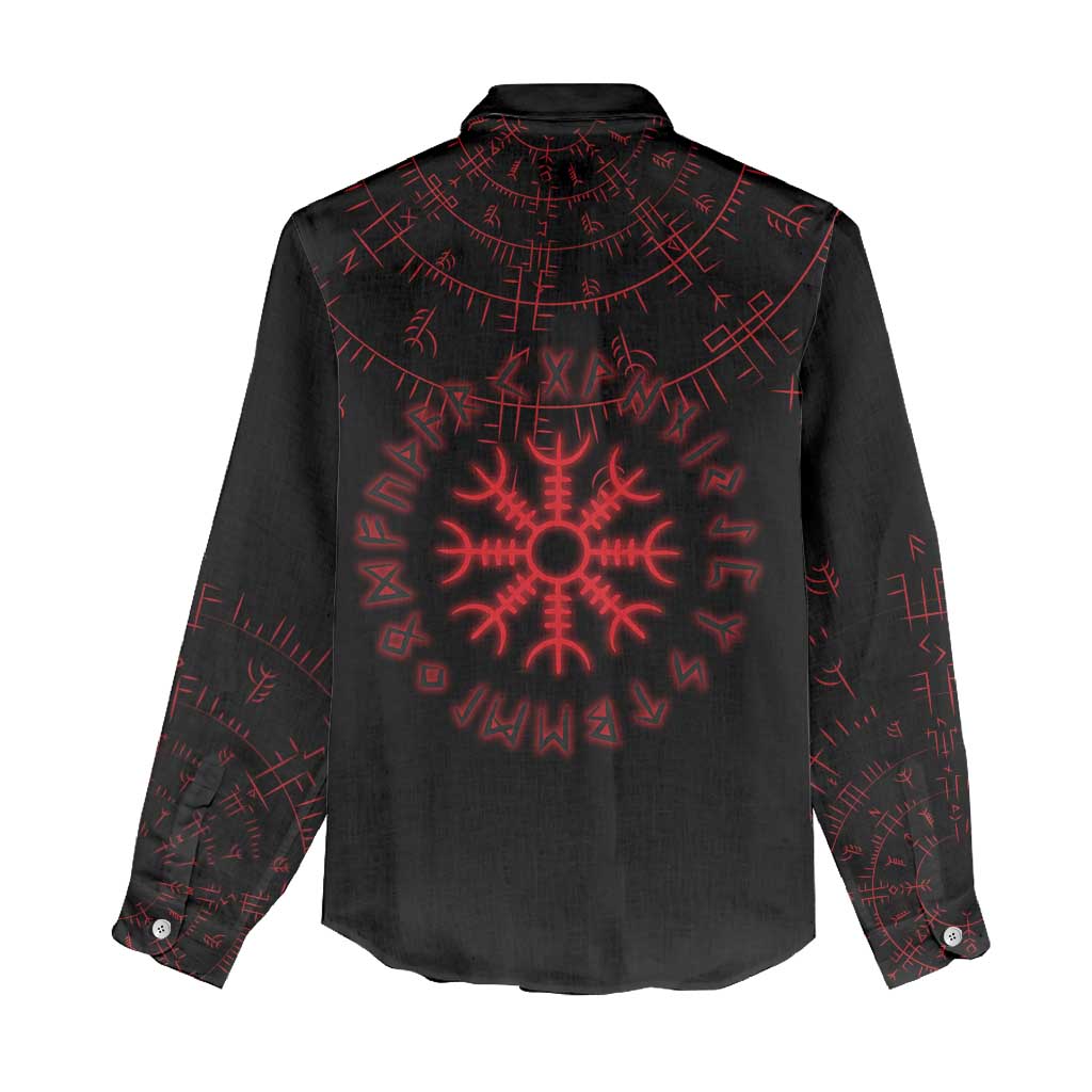 Viking Stag and Helm of Awe Symbol Women Casual Shirt Glowing Norse Runic Tribal Illustration