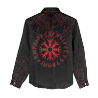 Viking Stag and Helm of Awe Symbol Women Casual Shirt Glowing Norse Runic Tribal Illustration