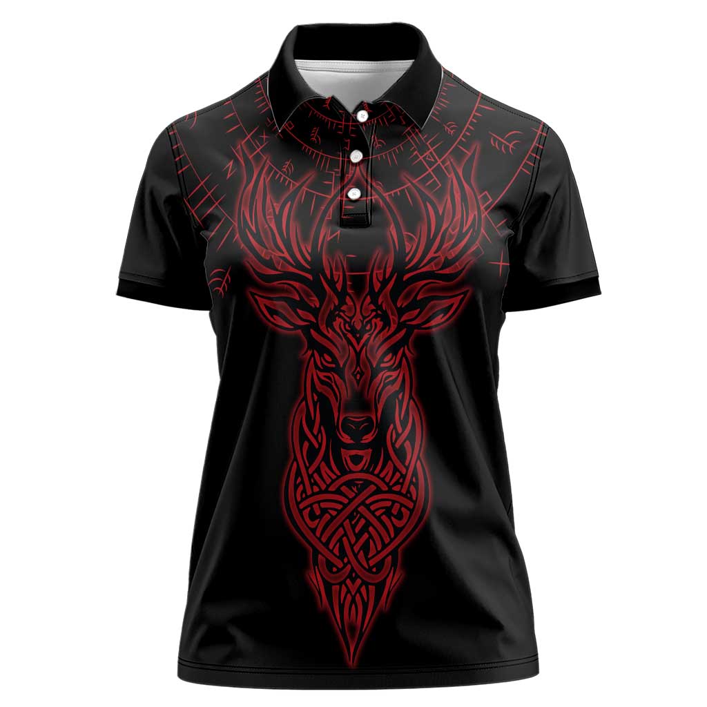 Viking Stag and Helm of Awe Symbol Women Polo Shirt Glowing Norse Runic Tribal Illustration