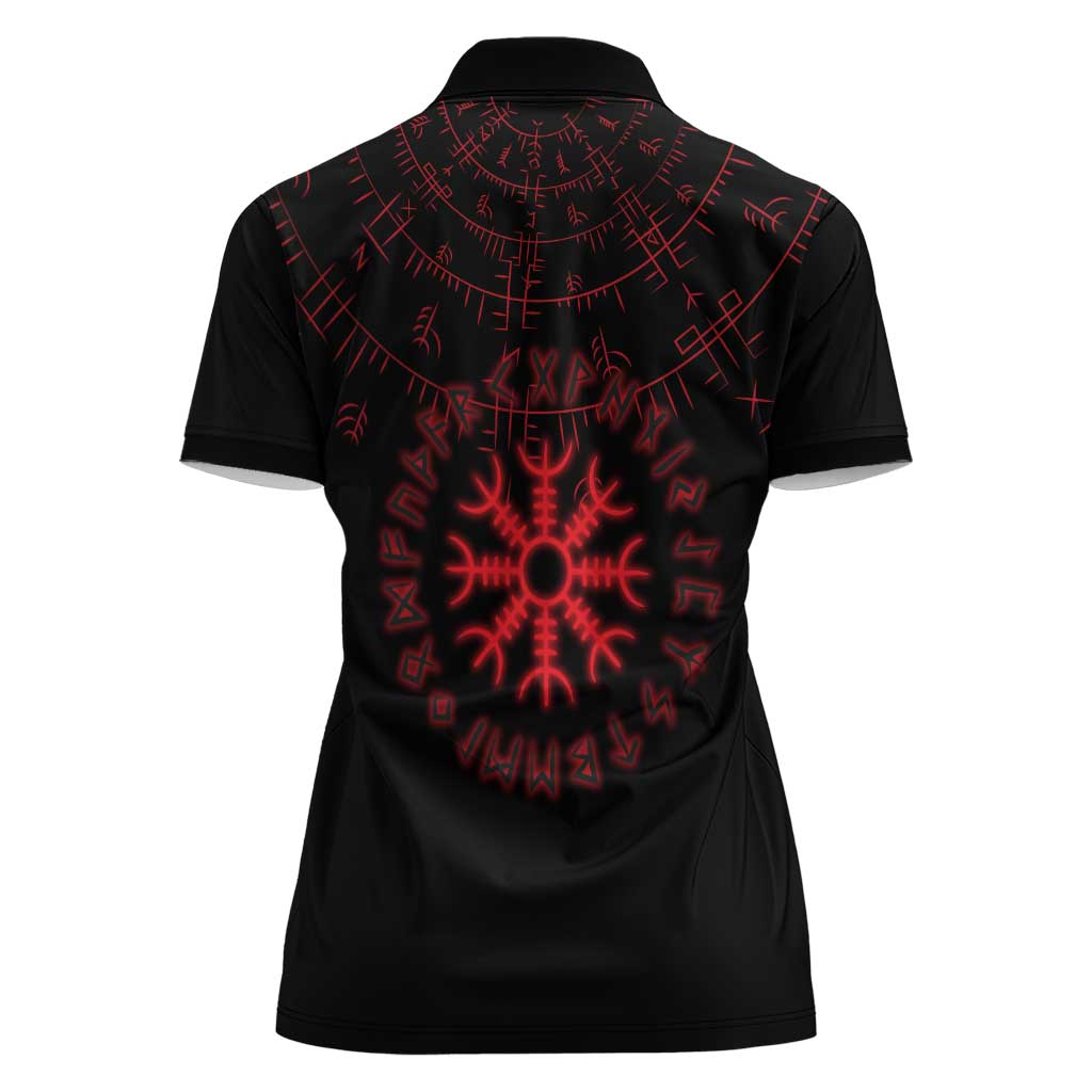 Viking Stag and Helm of Awe Symbol Women Polo Shirt Glowing Norse Runic Tribal Illustration