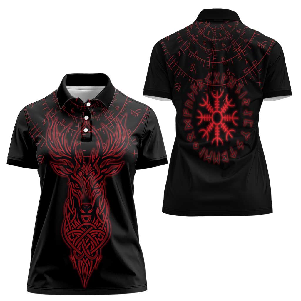 Viking Stag and Helm of Awe Symbol Women Polo Shirt Glowing Norse Runic Tribal Illustration