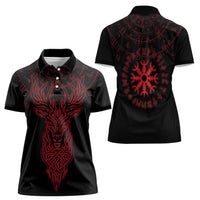 Viking Stag and Helm of Awe Symbol Women Polo Shirt Glowing Norse Runic Tribal Illustration