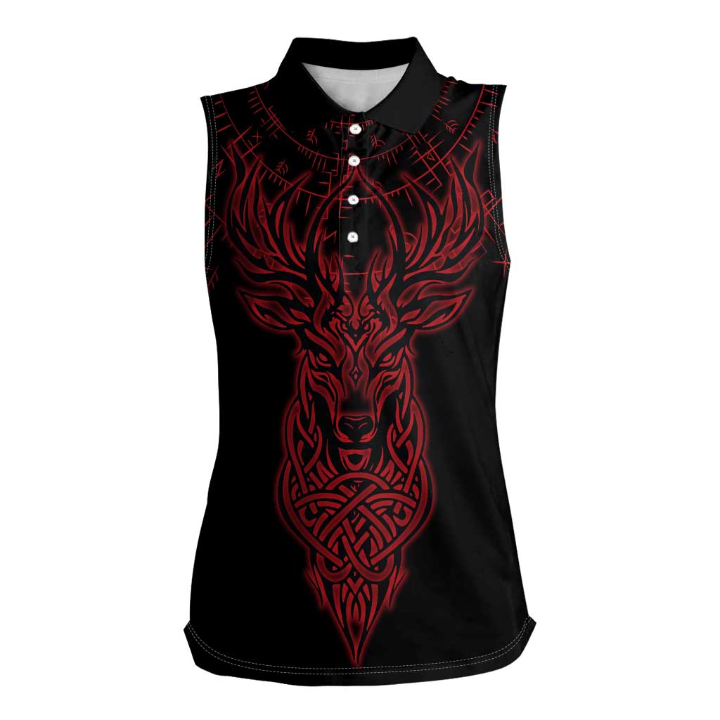 Viking Stag and Helm of Awe Symbol Women Sleeveless Polo Shirt Glowing Norse Runic Tribal Illustration