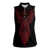 Viking Stag and Helm of Awe Symbol Women Sleeveless Polo Shirt Glowing Norse Runic Tribal Illustration