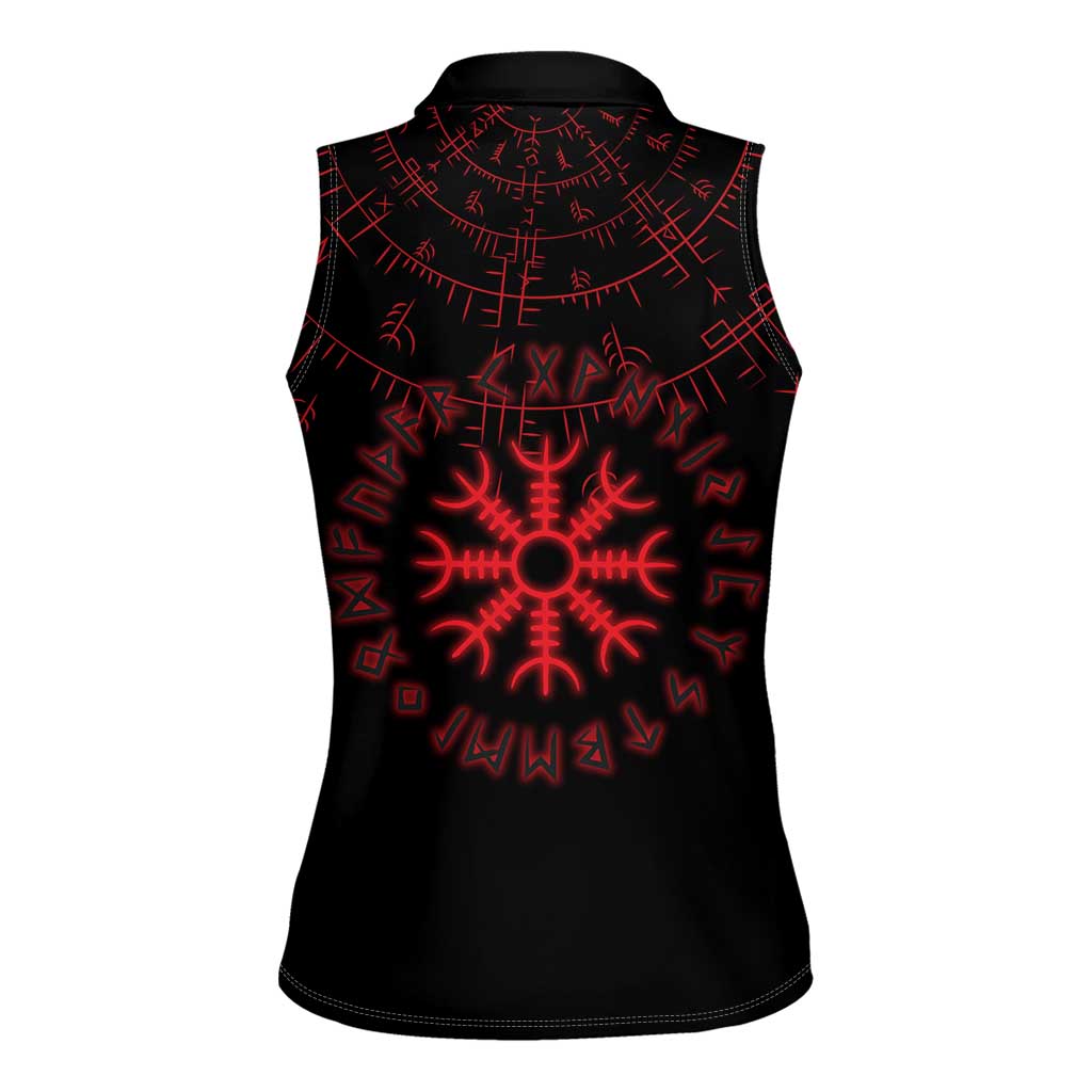 Viking Stag and Helm of Awe Symbol Women Sleeveless Polo Shirt Glowing Norse Runic Tribal Illustration