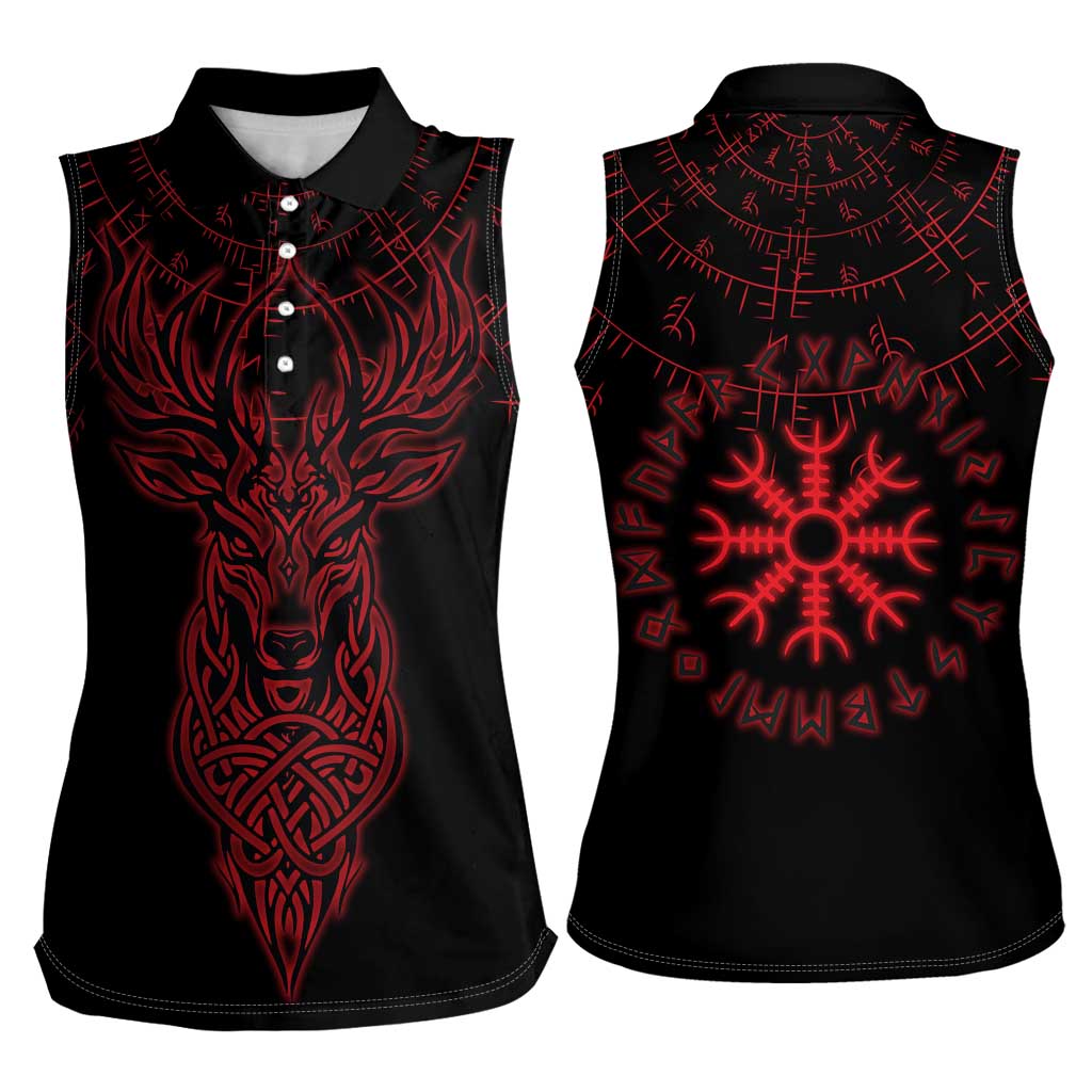 Viking Stag and Helm of Awe Symbol Women Sleeveless Polo Shirt Glowing Norse Runic Tribal Illustration