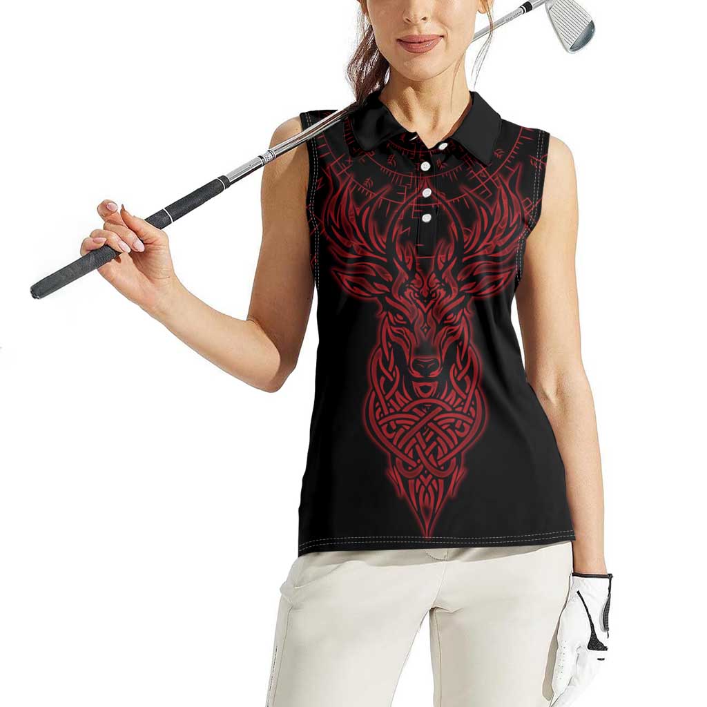 Viking Stag and Helm of Awe Symbol Women Sleeveless Polo Shirt Glowing Norse Runic Tribal Illustration