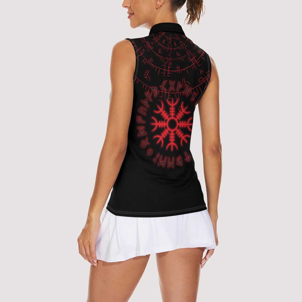 Viking Stag and Helm of Awe Symbol Women Sleeveless Polo Shirt Glowing Norse Runic Tribal Illustration