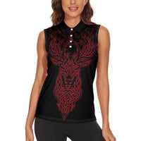 Viking Stag and Helm of Awe Symbol Women Sleeveless Polo Shirt Glowing Norse Runic Tribal Illustration