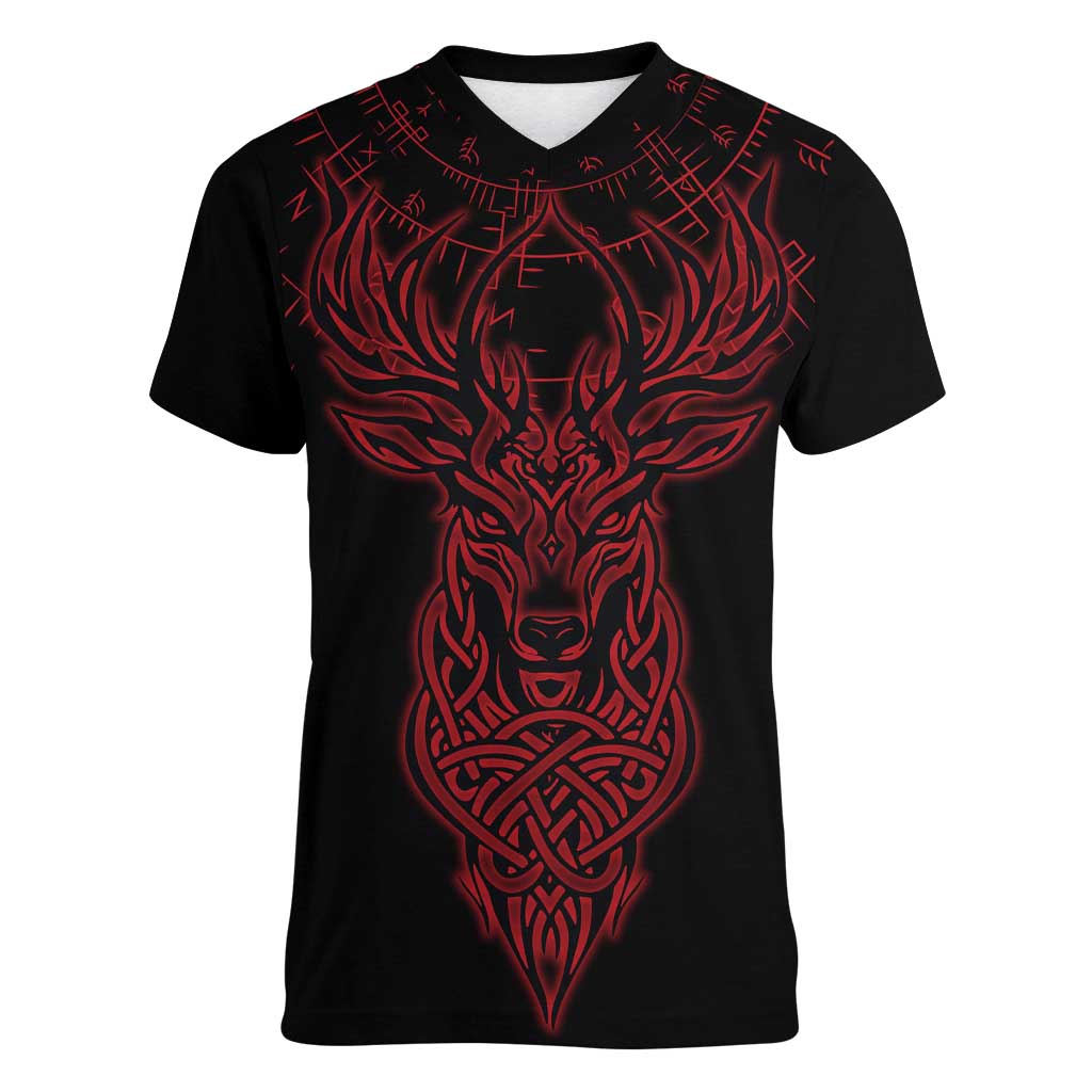 Viking Stag and Helm of Awe Symbol Women V-Neck T-Shirt Glowing Norse Runic Tribal Illustration