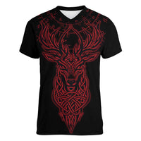 Viking Stag and Helm of Awe Symbol Women V-Neck T-Shirt Glowing Norse Runic Tribal Illustration