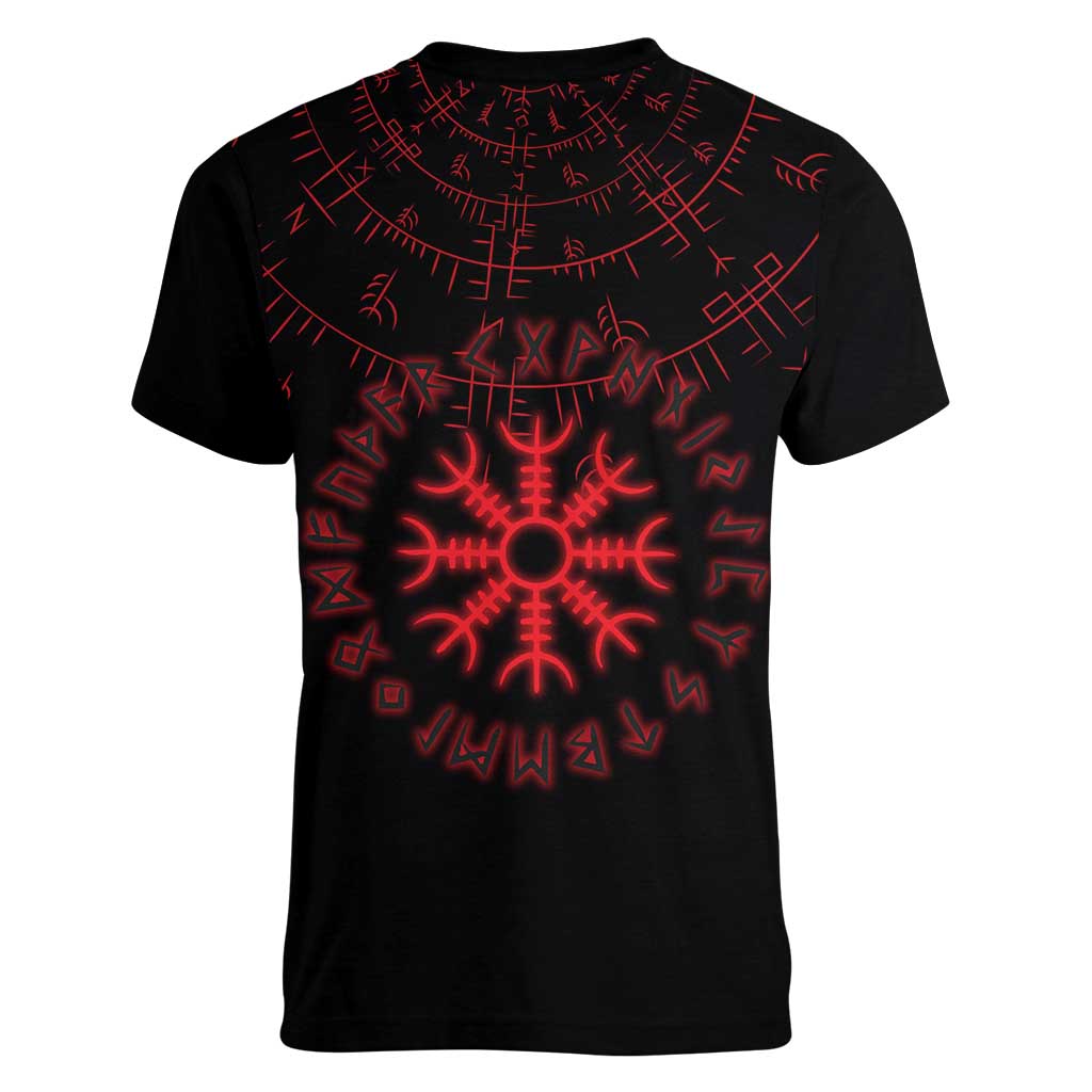 Viking Stag and Helm of Awe Symbol Women V-Neck T-Shirt Glowing Norse Runic Tribal Illustration