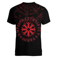 Viking Stag and Helm of Awe Symbol Women V-Neck T-Shirt Glowing Norse Runic Tribal Illustration