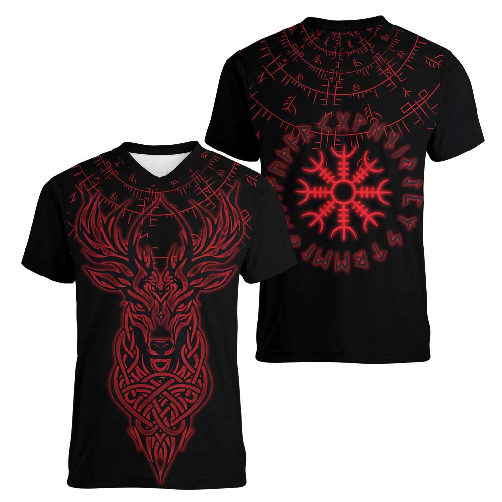 Viking Stag and Helm of Awe Symbol Women V-Neck T-Shirt Glowing Norse Runic Tribal Illustration