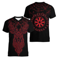 Viking Stag and Helm of Awe Symbol Women V-Neck T-Shirt Glowing Norse Runic Tribal Illustration