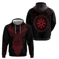 Viking Stag and Helm of Awe Symbol Zip Hoodie Glowing Norse Runic Tribal Illustration
