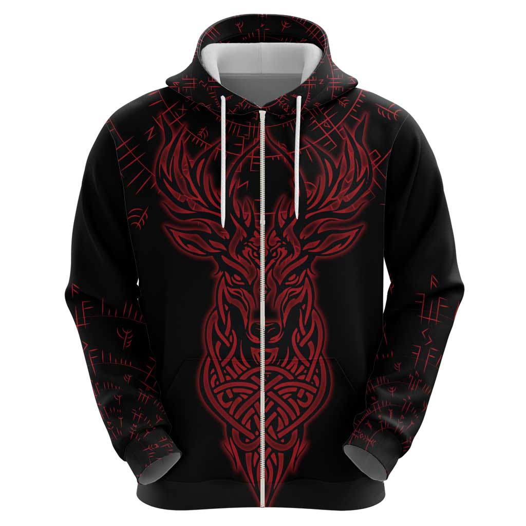 Viking Stag and Helm of Awe Symbol Zip Hoodie Glowing Norse Runic Tribal Illustration