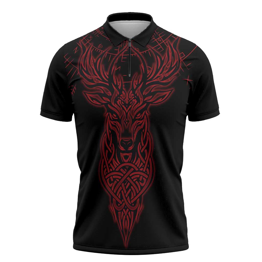 Viking Stag and Helm of Awe Symbol Zipper Polo Shirt Glowing Norse Runic Tribal Illustration