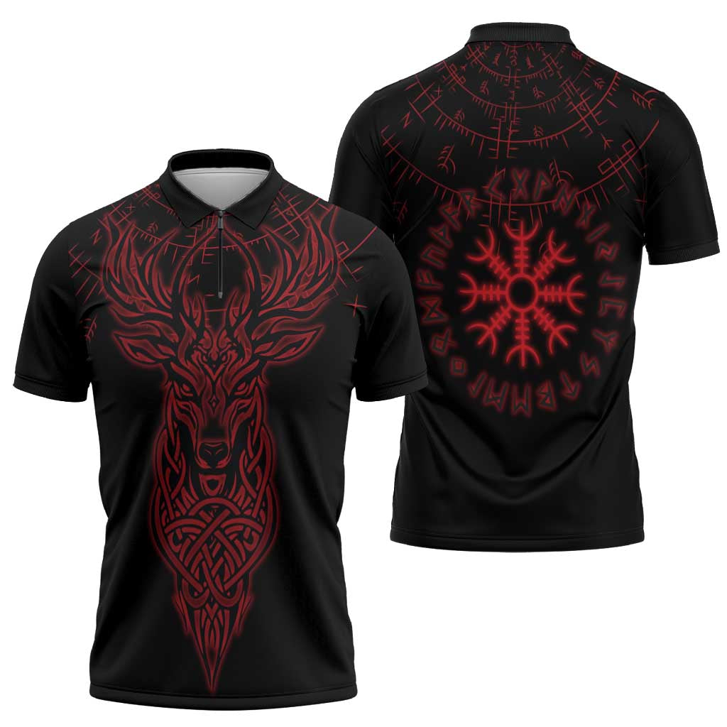 Viking Stag and Helm of Awe Symbol Zipper Polo Shirt Glowing Norse Runic Tribal Illustration