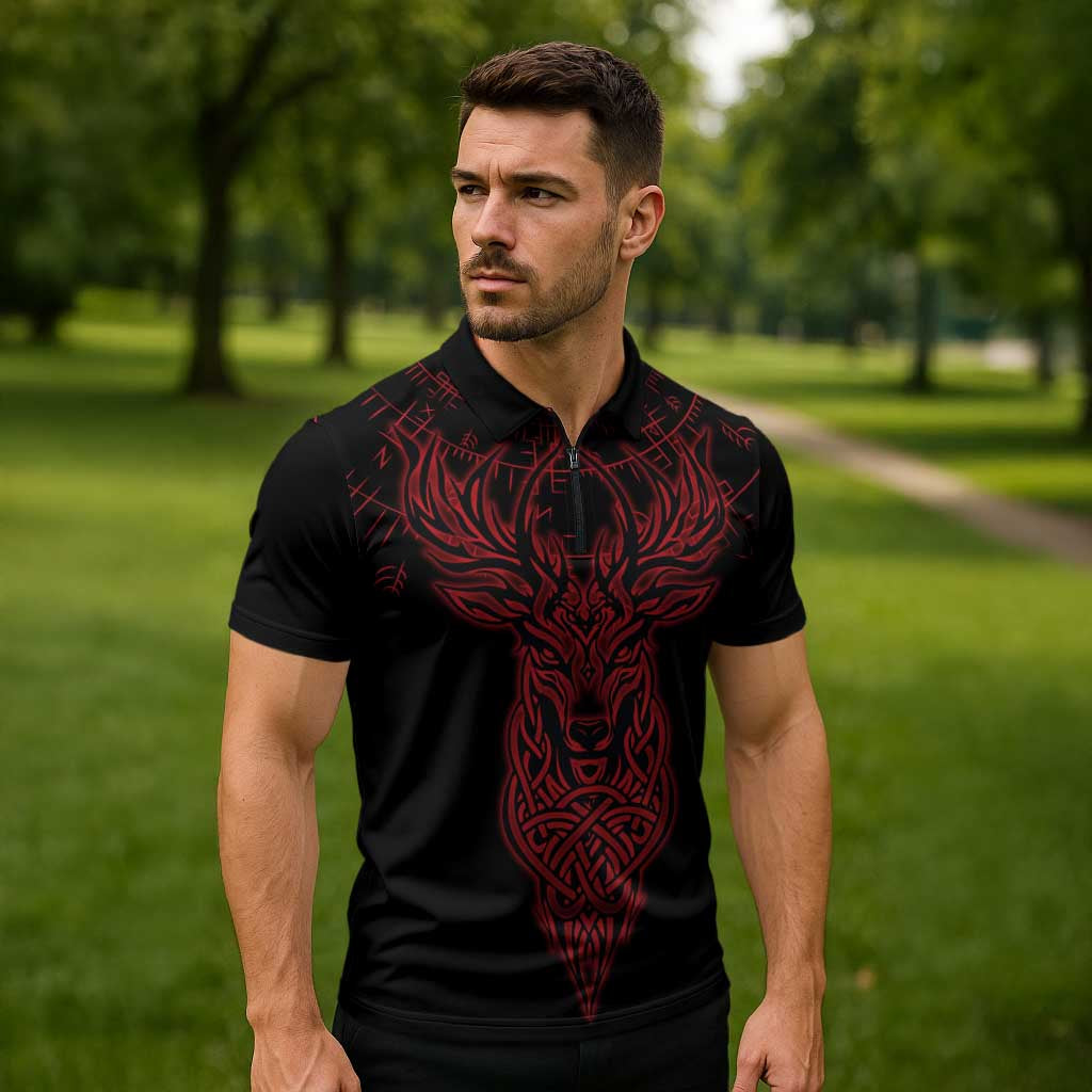 Viking Stag and Helm of Awe Symbol Zipper Polo Shirt Glowing Norse Runic Tribal Illustration