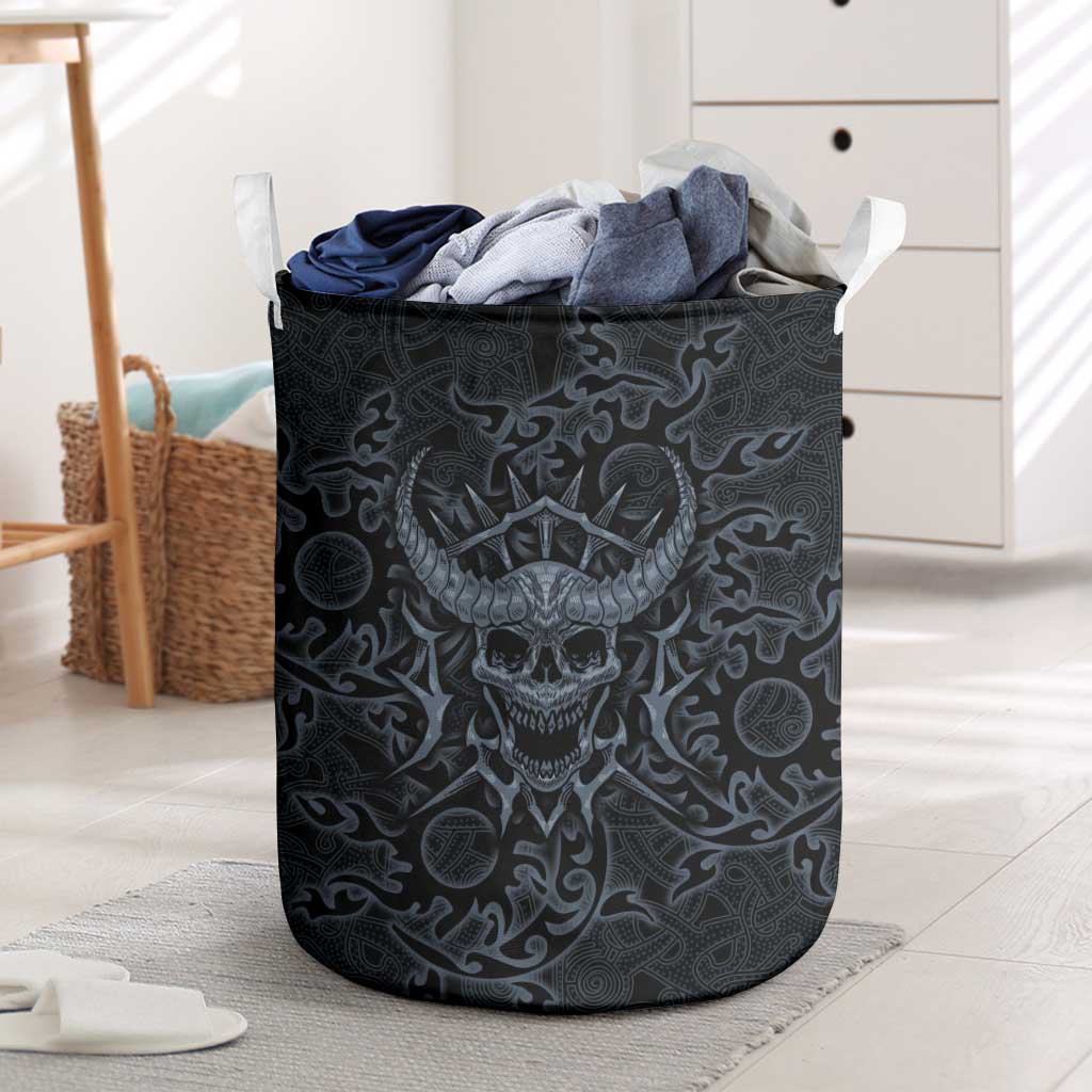 Viking Horned Skull and Raven Emblem Laundry Basket Dark Nordic Tribal Grunge Illustration