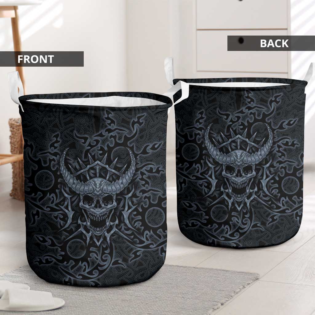 Viking Horned Skull and Raven Emblem Laundry Basket Dark Nordic Tribal Grunge Illustration