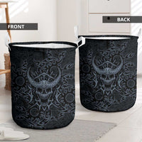 Viking Horned Skull and Raven Emblem Laundry Basket Dark Nordic Tribal Grunge Illustration