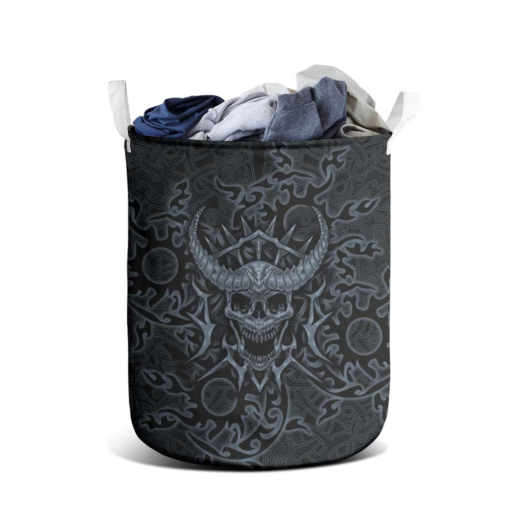 Viking Horned Skull and Raven Emblem Laundry Basket Dark Nordic Tribal Grunge Illustration