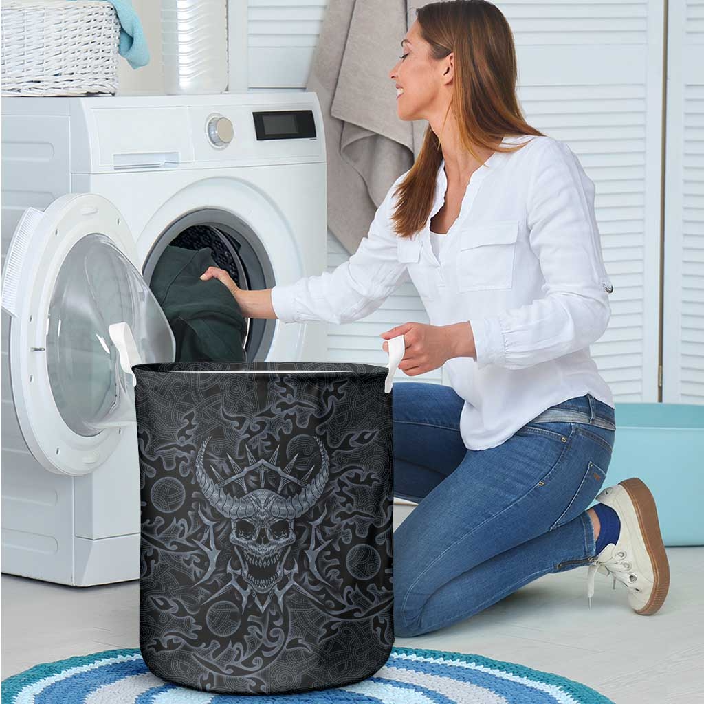 Viking Horned Skull and Raven Emblem Laundry Basket Dark Nordic Tribal Grunge Illustration