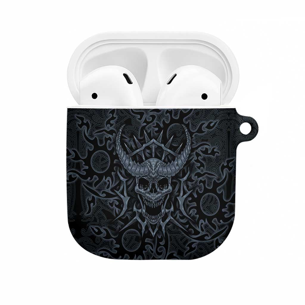 Viking Horned Skull and Raven Emblem AirPods Case Dark Nordic Tribal Grunge Illustration