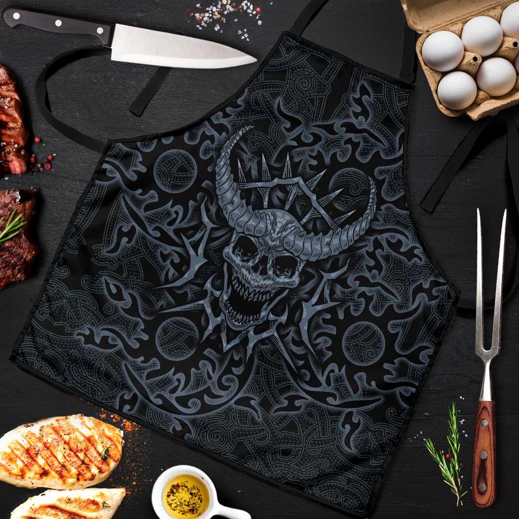Viking Horned Skull and Raven Emblem Apron Dark Nordic Tribal Grunge Illustration