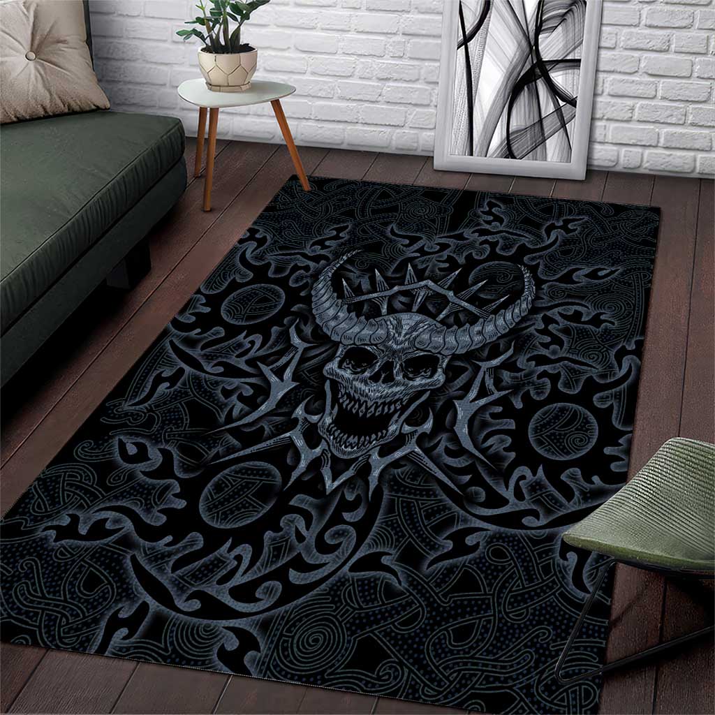 Viking Horned Skull and Raven Emblem Area Rug Dark Nordic Tribal Grunge Illustration