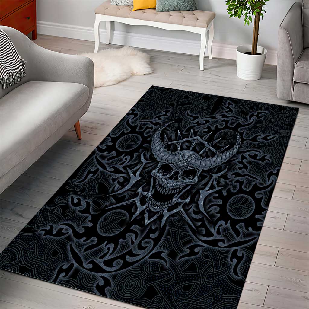 Viking Horned Skull and Raven Emblem Area Rug Dark Nordic Tribal Grunge Illustration