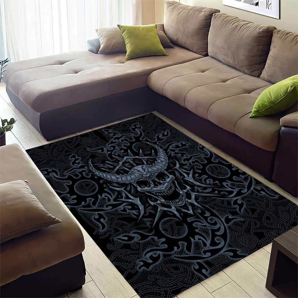 Viking Horned Skull and Raven Emblem Area Rug Dark Nordic Tribal Grunge Illustration