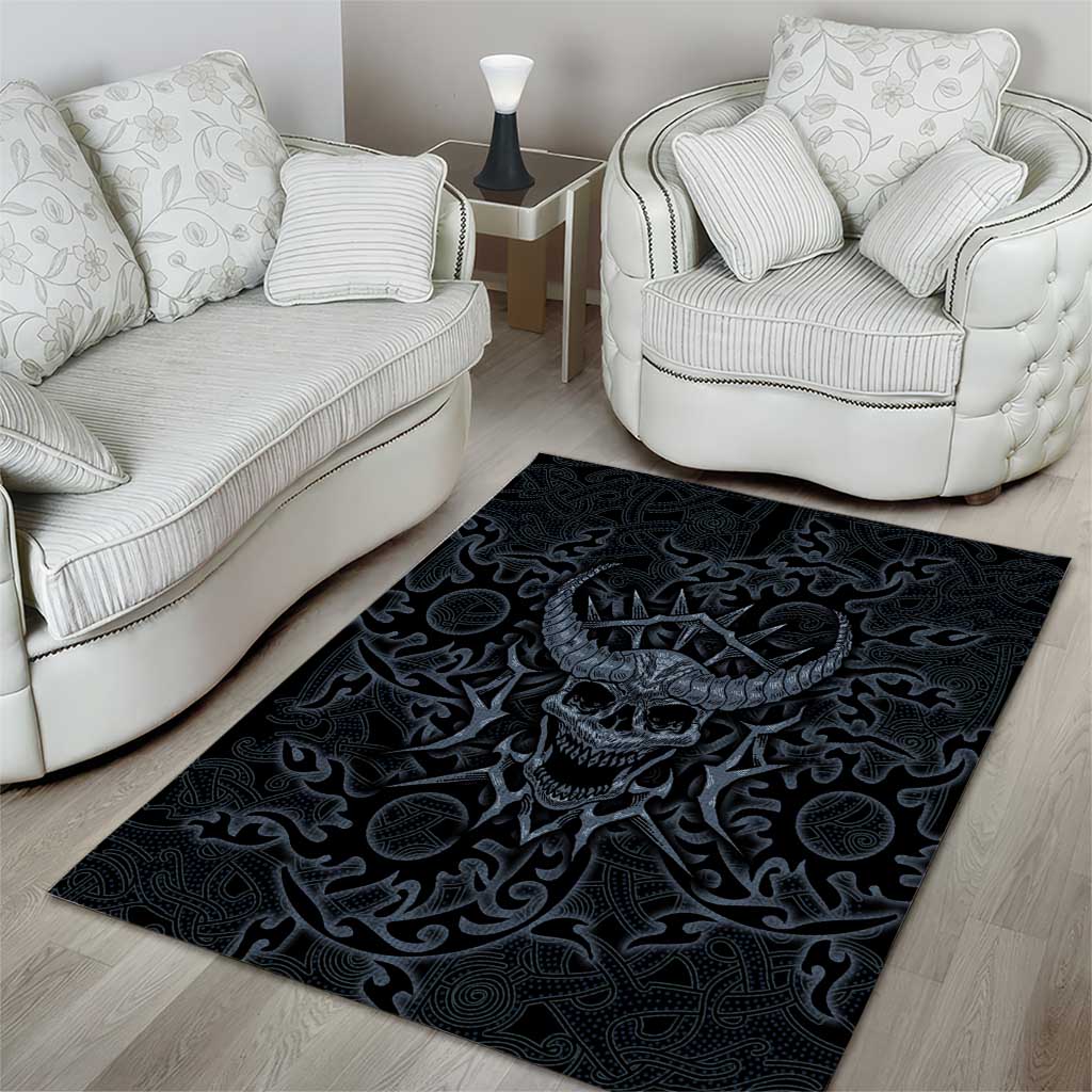 Viking Horned Skull and Raven Emblem Area Rug Dark Nordic Tribal Grunge Illustration