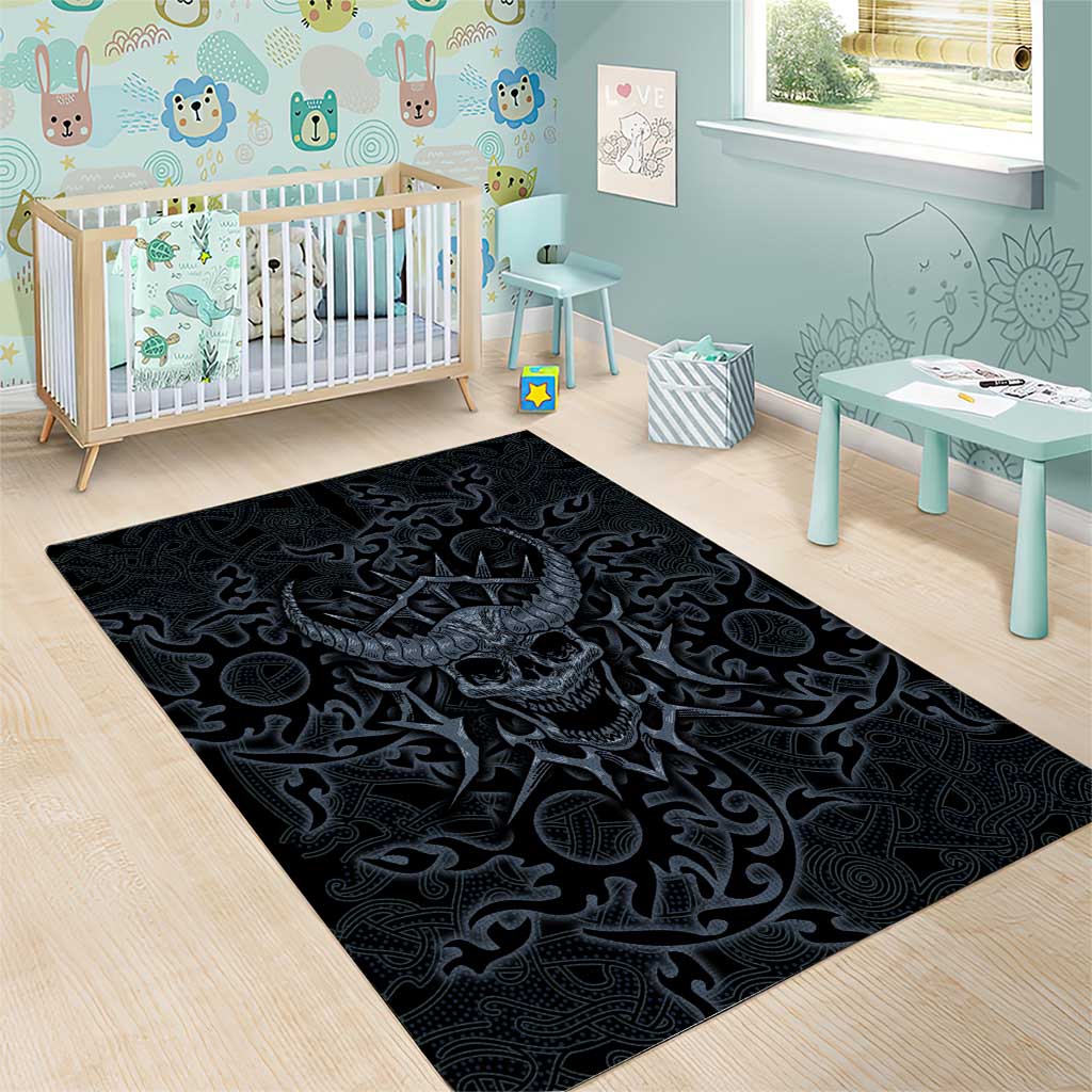 Viking Horned Skull and Raven Emblem Area Rug Dark Nordic Tribal Grunge Illustration